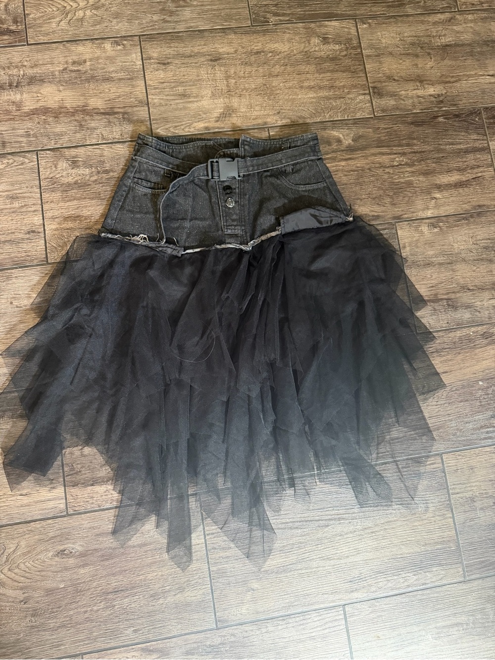 Denim Mesh Splice Skirt Sz XL
High Waist Black Asymmetrical
Frill Tulle Gothic